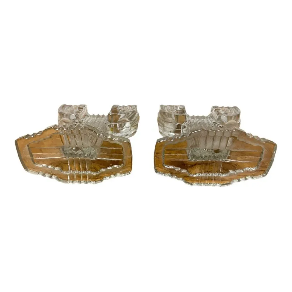 Vintage Anchor Hocking Queen Mary Clear Cactus Art Deco Candleholder SET of 2